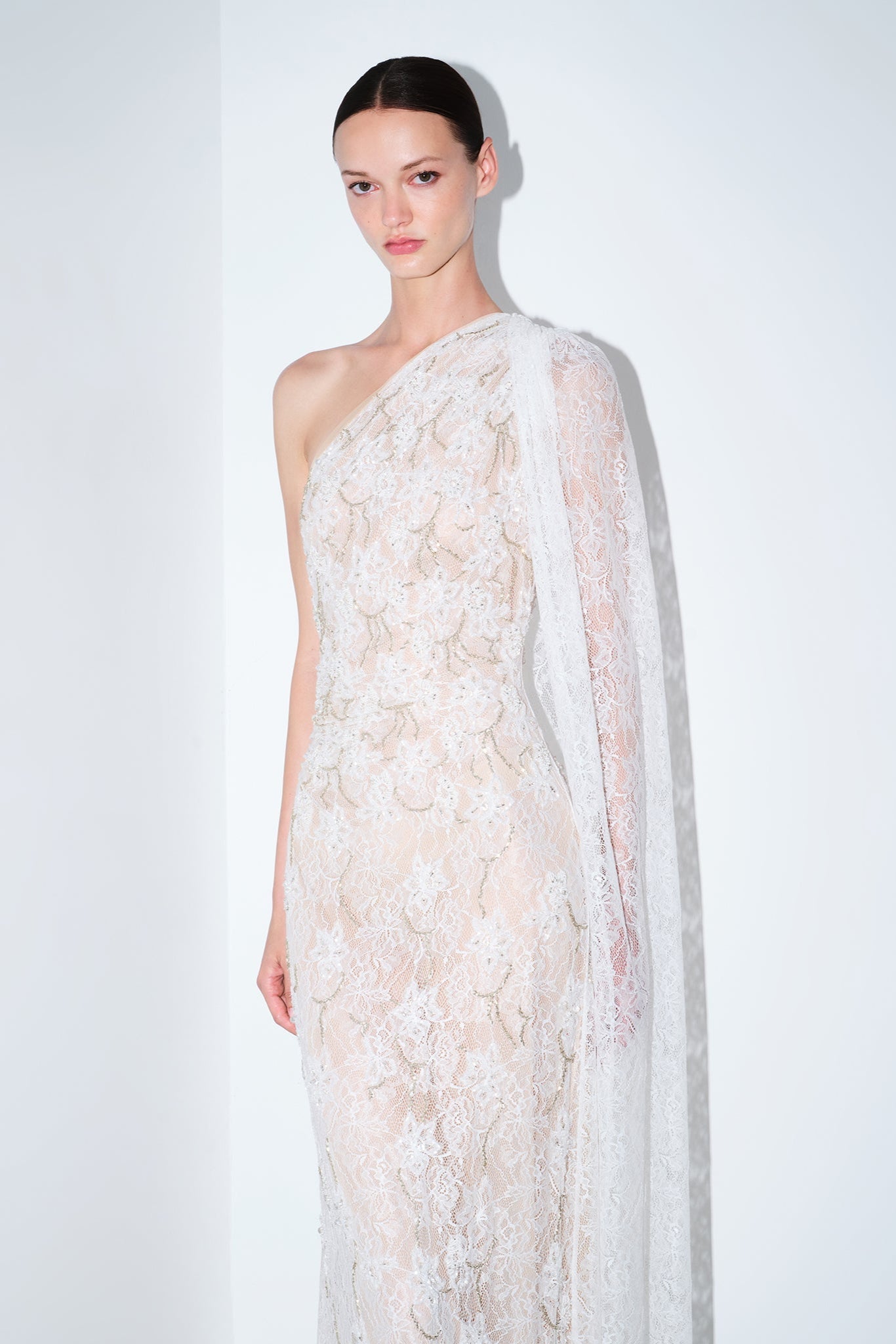 Maria - Hand-Embroidered One Shoulder Lace Gown