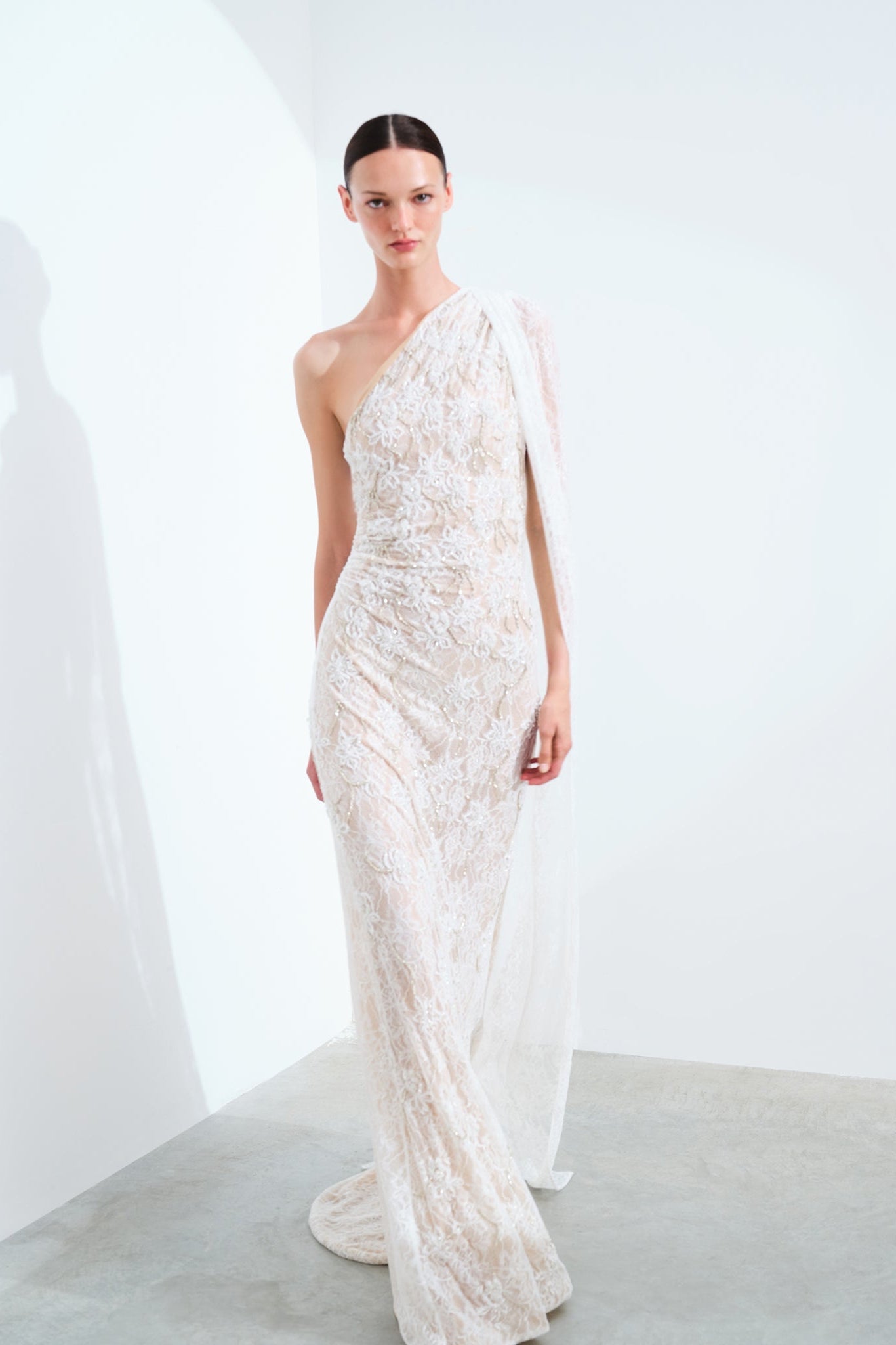 Maria - Hand-Embroidered One Shoulder Lace Gown