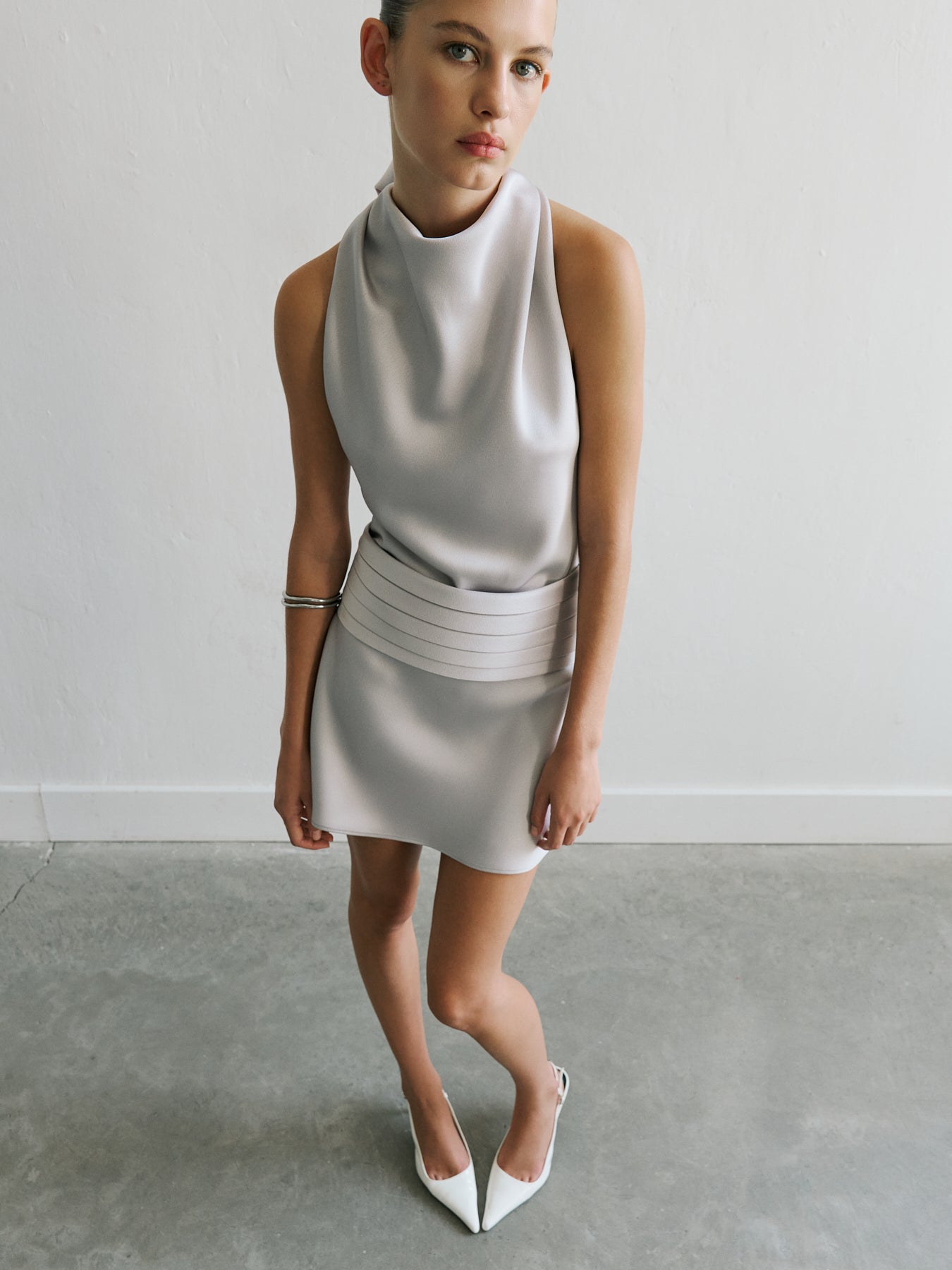 Monica - Draped High Neck Bias Cut Satin Mini Dress