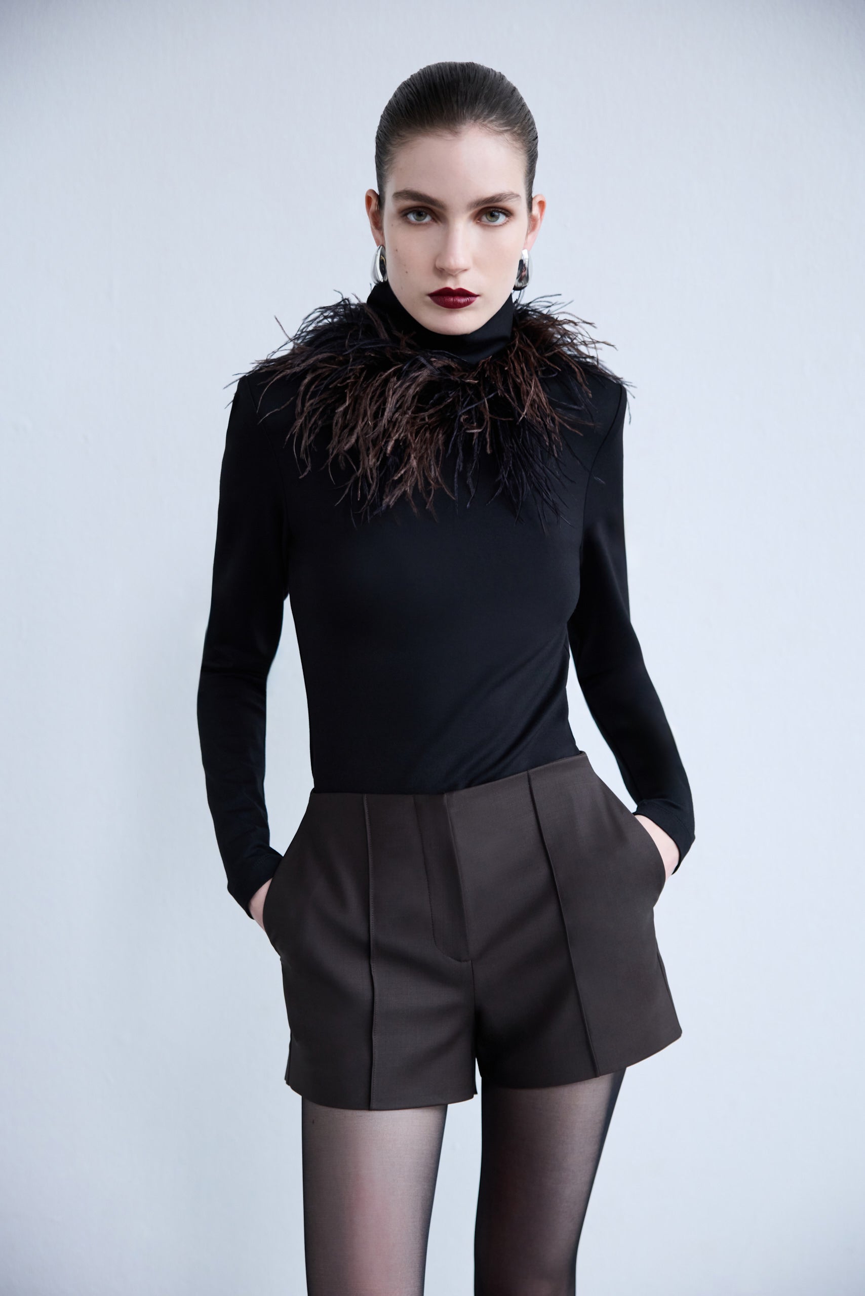 Mia - Ostrich Feather Detailed Turtle Neck Top