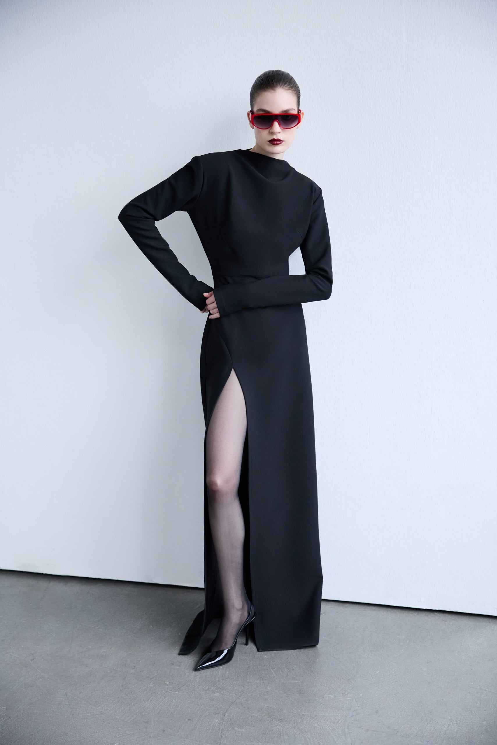 Noemie - Long Sleeve Dress with Front Slit Detail