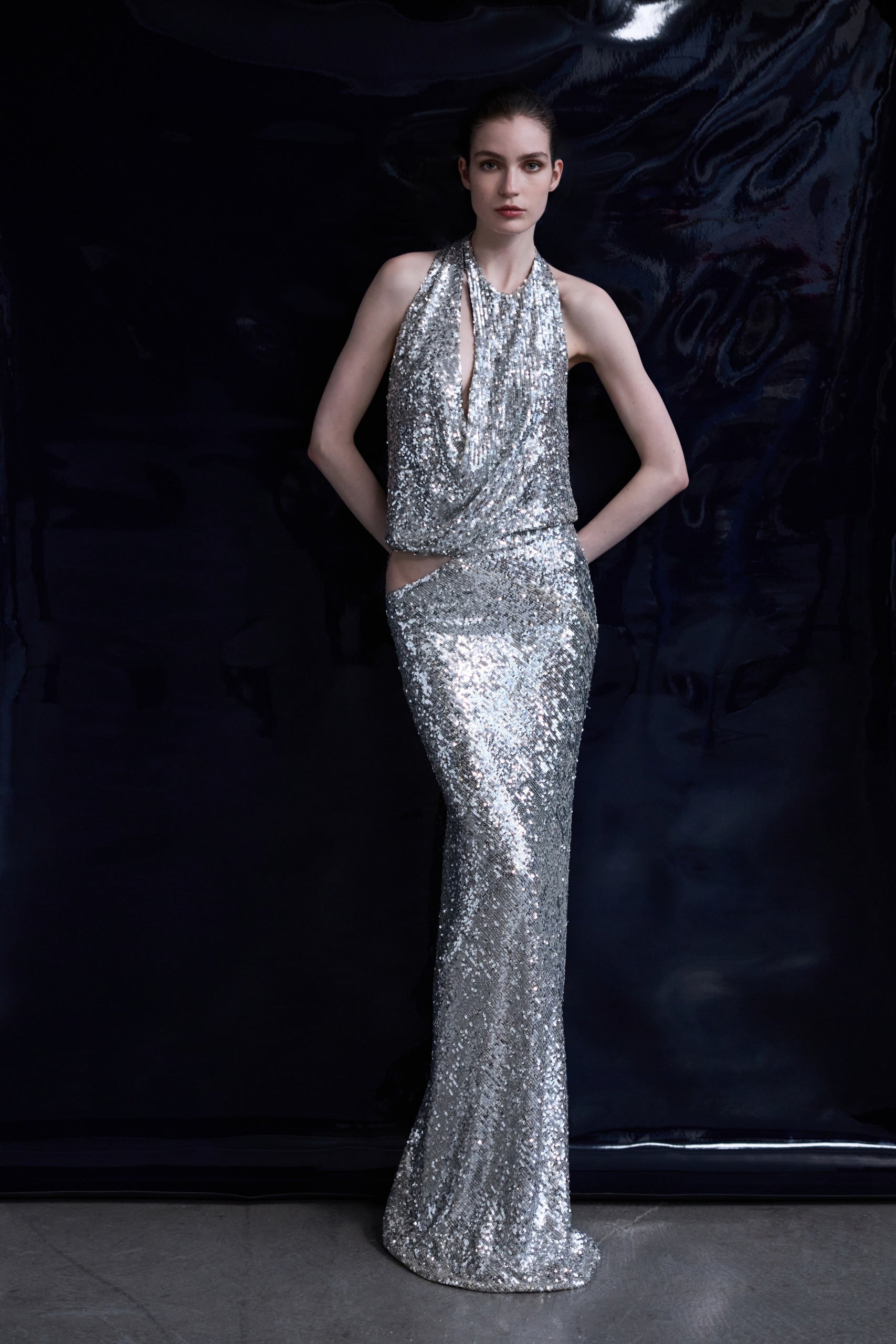 Lone - Cowl Neck Cut Out Detailed Sequin Maxi Dress