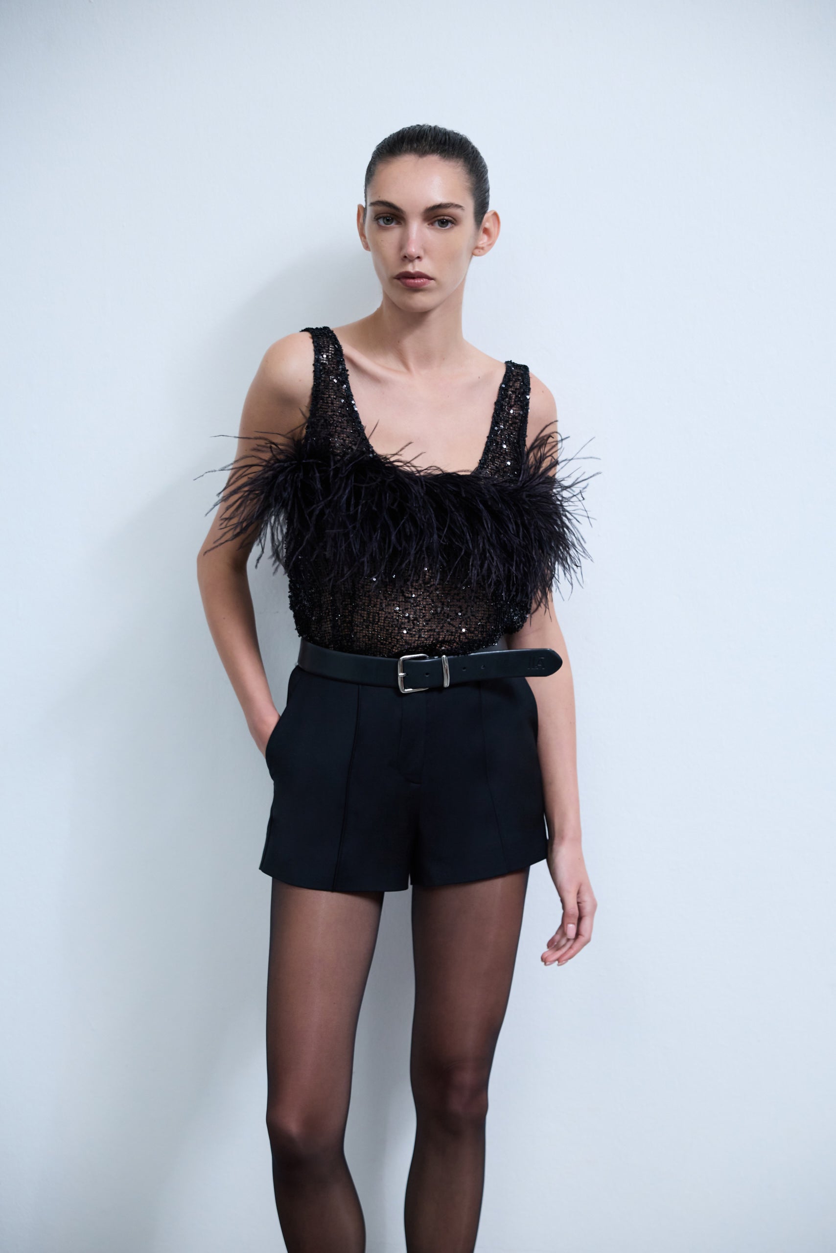 Reve - Ostrich Feather Detailed Sequin Top
