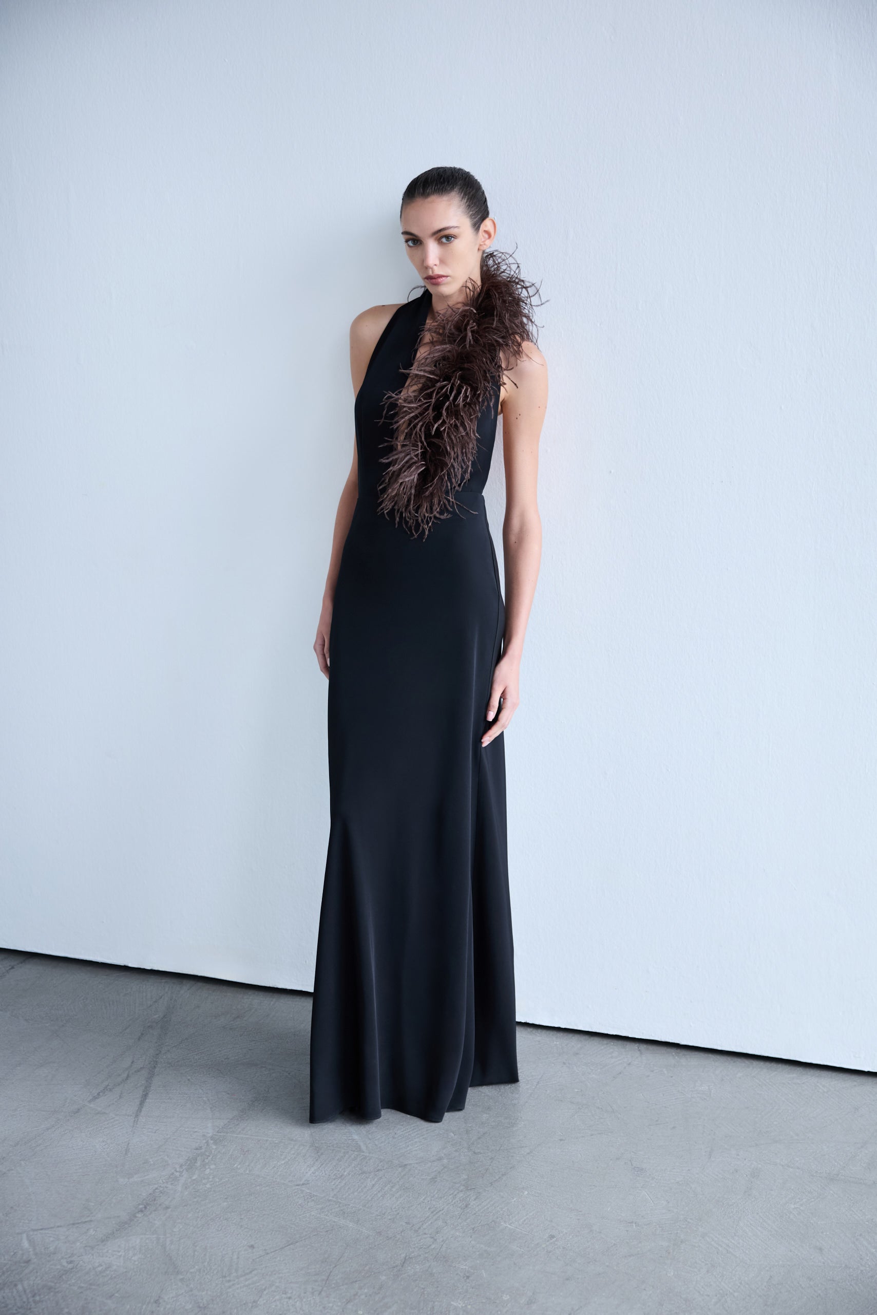 Sabine - V Neck Maxi Dress with Ostrich Feather Detail