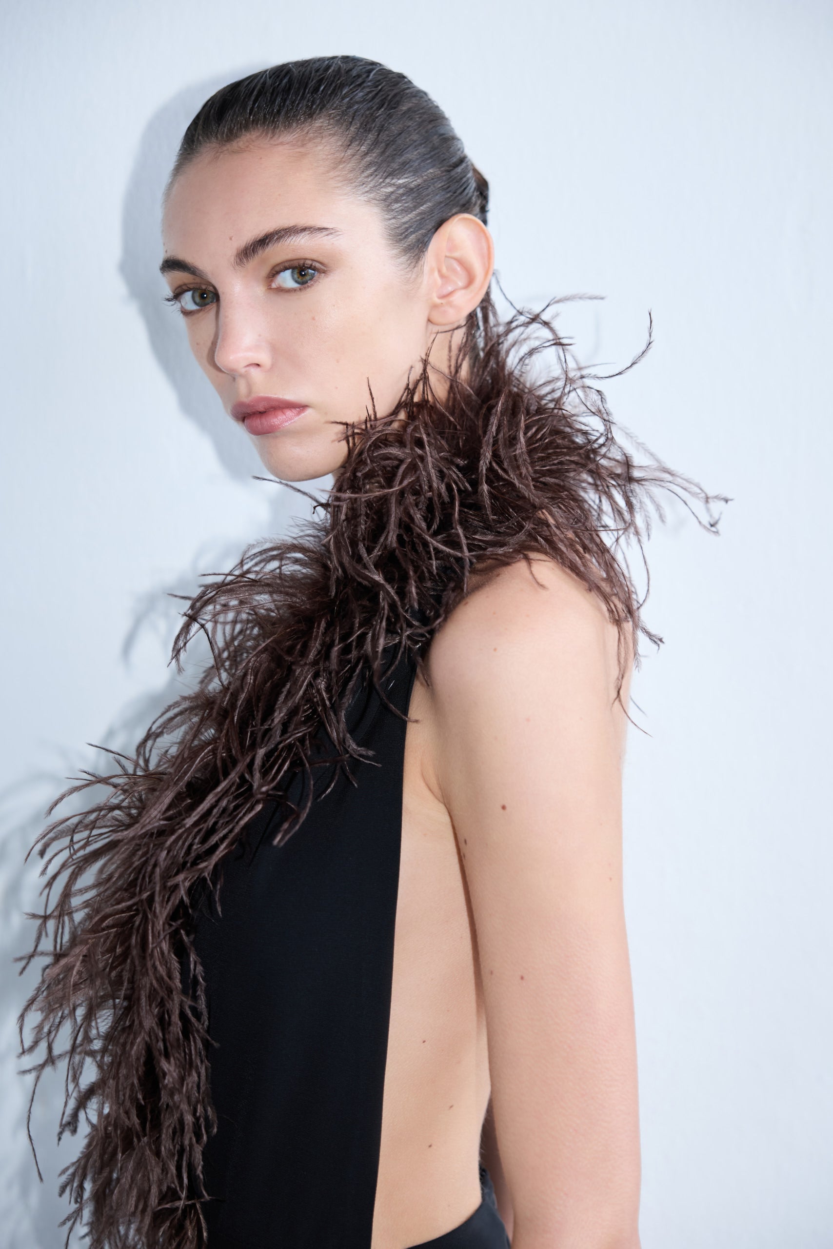 Sabine - V Neck Maxi Dress with Ostrich Feather Detail