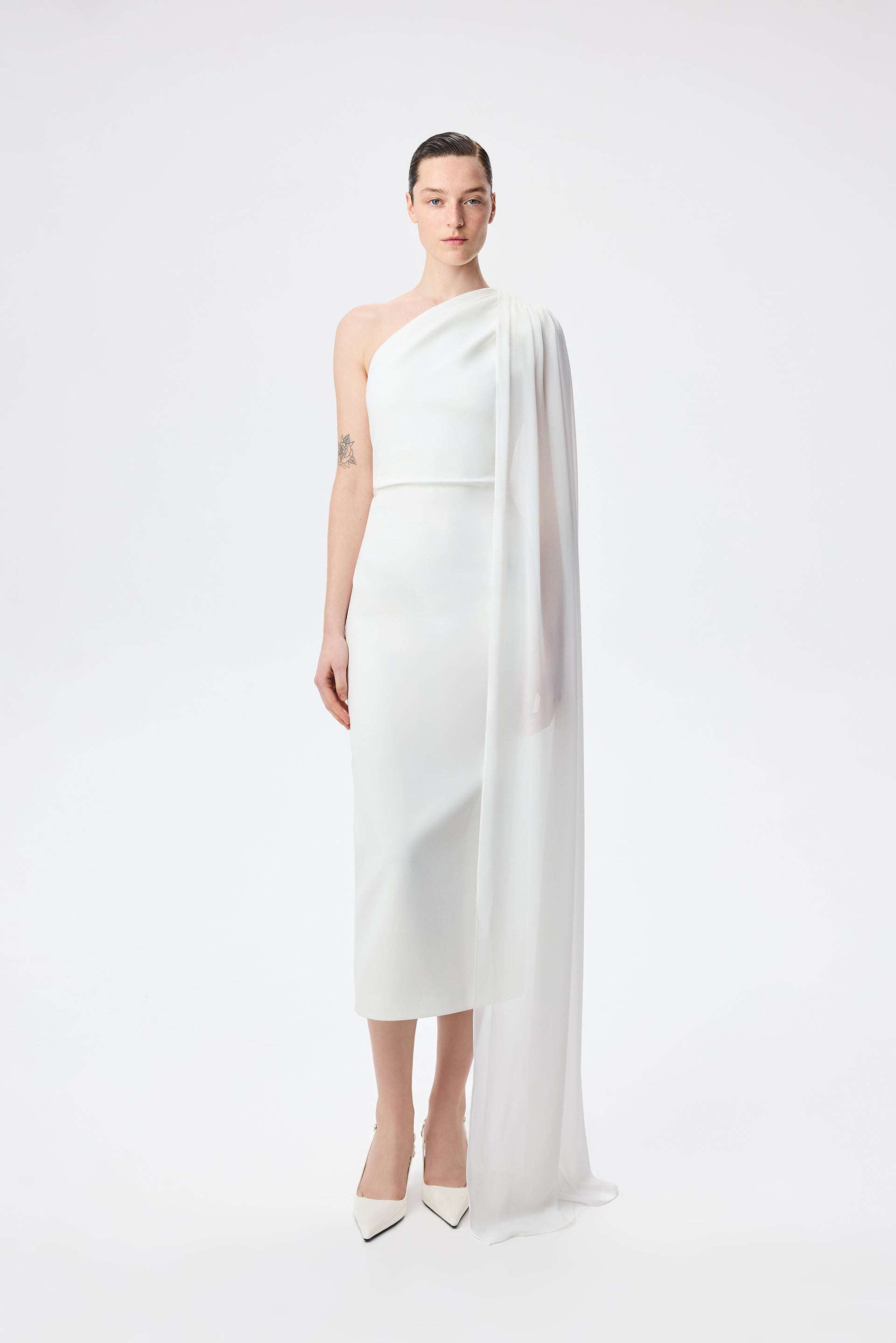 Zoe - One Shoulder Midi Dress With See Through Cape Detail