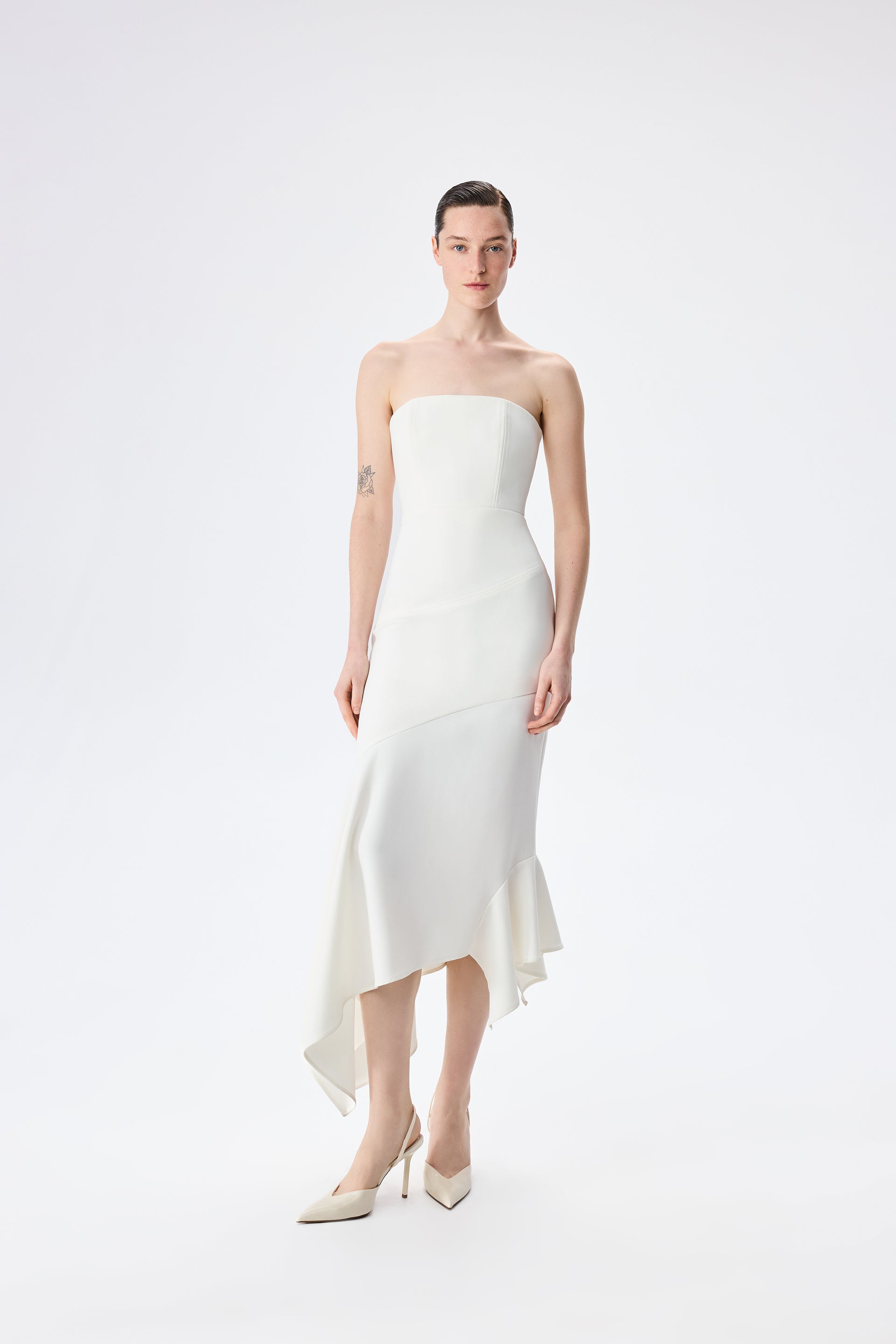 Misha - Strapless Midi Dress With Bias Cut Skirt