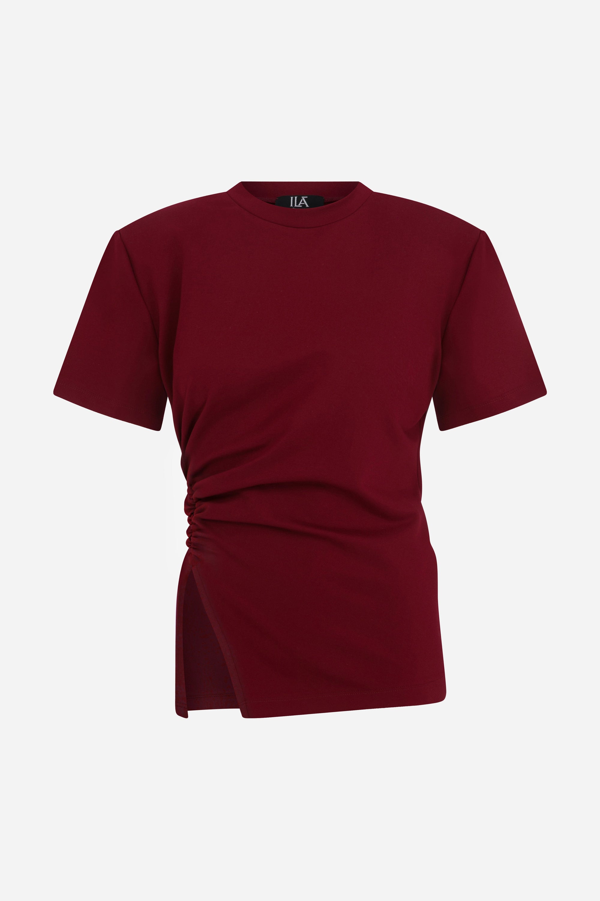 Lilia - Draped T-Shirt With Shoulder Pads in Burgundy
