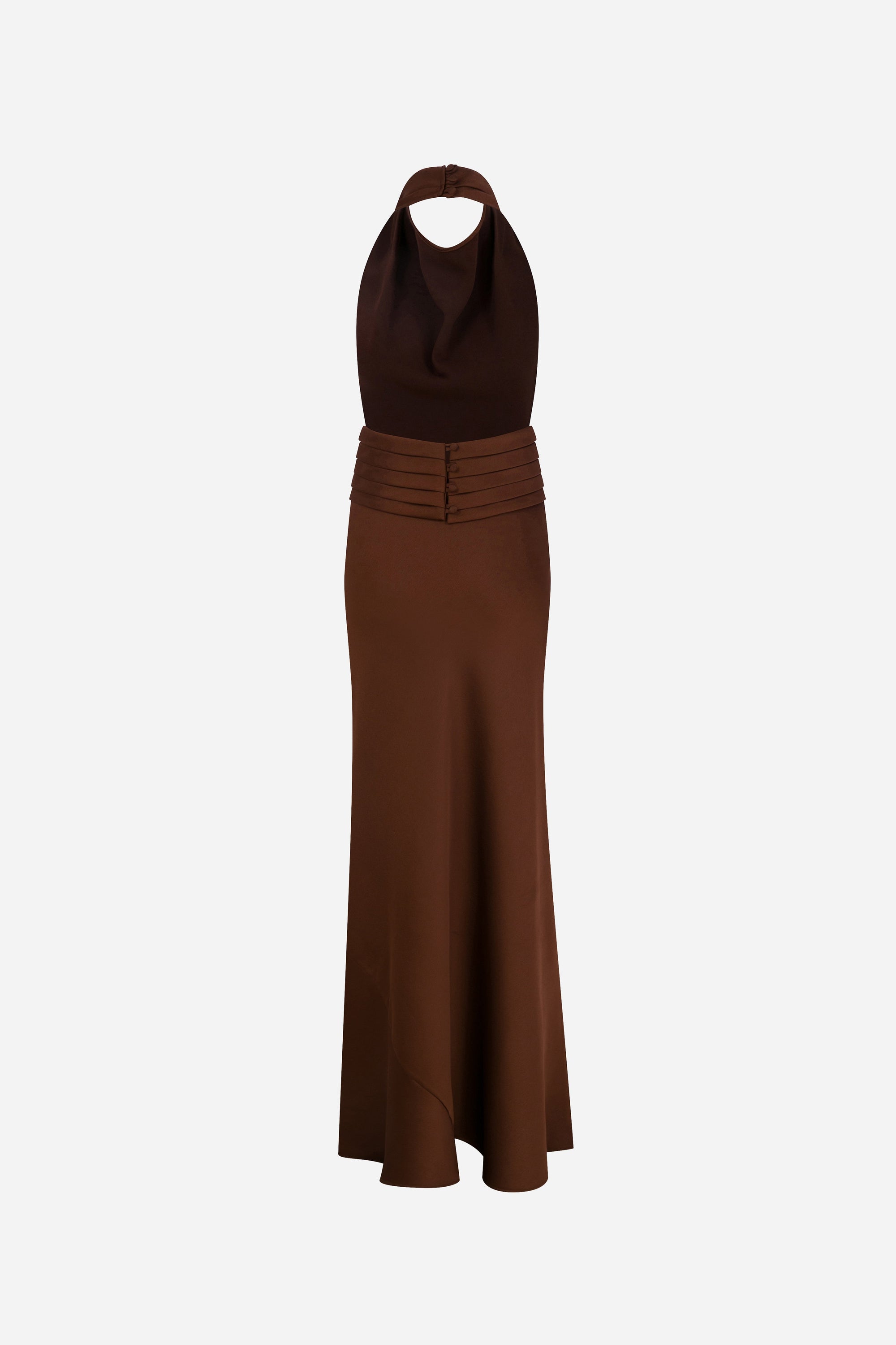 Sidney - Draped High Neck Bias Cut Satin Maxi Dress With Tuxedo Belt