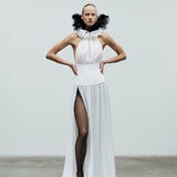 Lune-Halter-Neck Chiffon Maxi Dress With Corset Detail