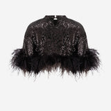 Camille - Sequin Crop Top With Feathers in Black