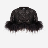 Camille - Sequin Crop Top With Feathers in Black