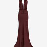 Tina-V-Neck Satin Dress With Tuxedo Belt Detail in Burgundy