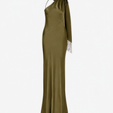 Brice-One Shoulder Satin Maxi Dress in Khaki