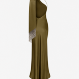 Brice-One Shoulder Satin Maxi Dress in Khaki