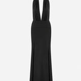 Tyra-V-Neck Satin Maxi Dress With Double Side Slits in Black