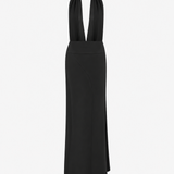 Tyra-V-Neck Satin Maxi Dress With Double Side Slits in Black