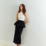 Rachel-Midi Skirt With Peplum in Black