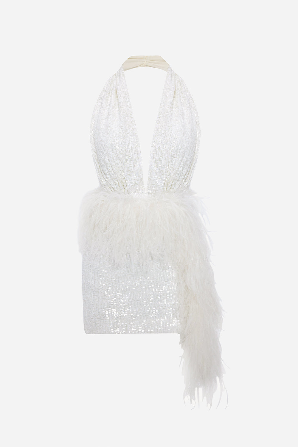 Flora-Deep V-Neck Feather Embellished Mini Sequin Dress