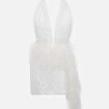 Flora-Deep V-Neck Feather Embellished Mini Sequin Dress