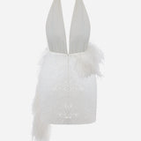 Flora-Deep V-Neck Feather Embellished Mini Sequin Dress