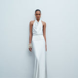Sidney - Draped High Neck Bias Cut Satin Maxi Dress With Tuxedo Belt in White