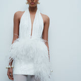 Flora-Deep V-Neck Feather Embellished Mini Sequin Dress