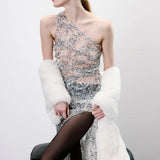 Elin One-Shoulder Draped Sequin Maxi Dress with Front Slit in Silver Sequin