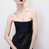Cora Strapless Denim Corset with Hand-Crafted Leaf Feather Detail in Indigo
