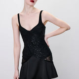 Elia Satin and Sequin Mini Dress with Corset Bodice in Black