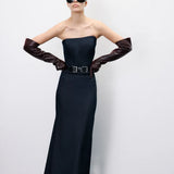 Cyra Strapless Denim Midi Dress in Indigo