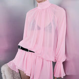 Brigitte High-Neck Draped Chiffon Mini Dress in Pink