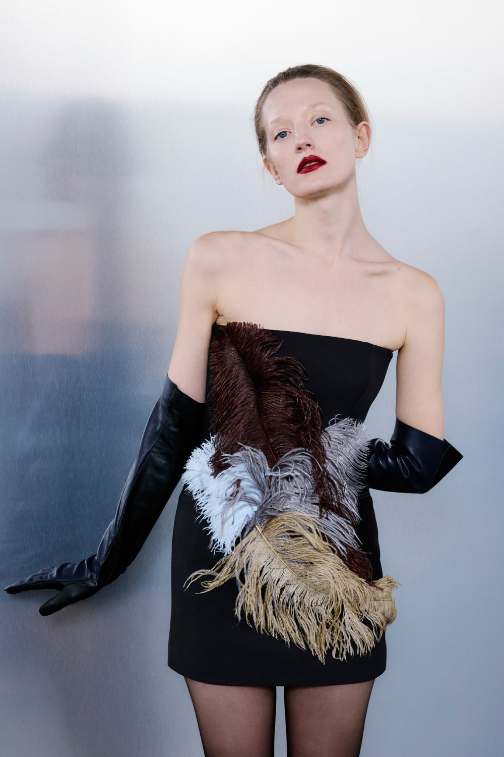 Glace Strapless Feathered Mini Dress in Black