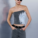 Juliet Asymmetric Strapless Feather-Trim Corset in Grey