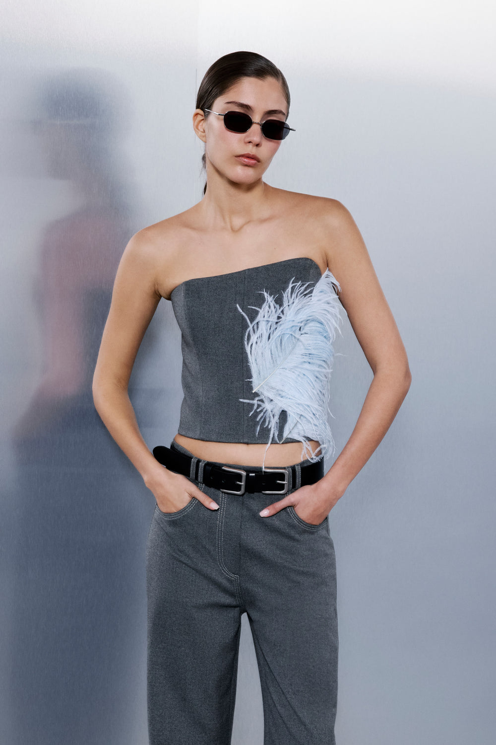 Juliet Asymmetric Strapless Feather-Trim Corset in Grey