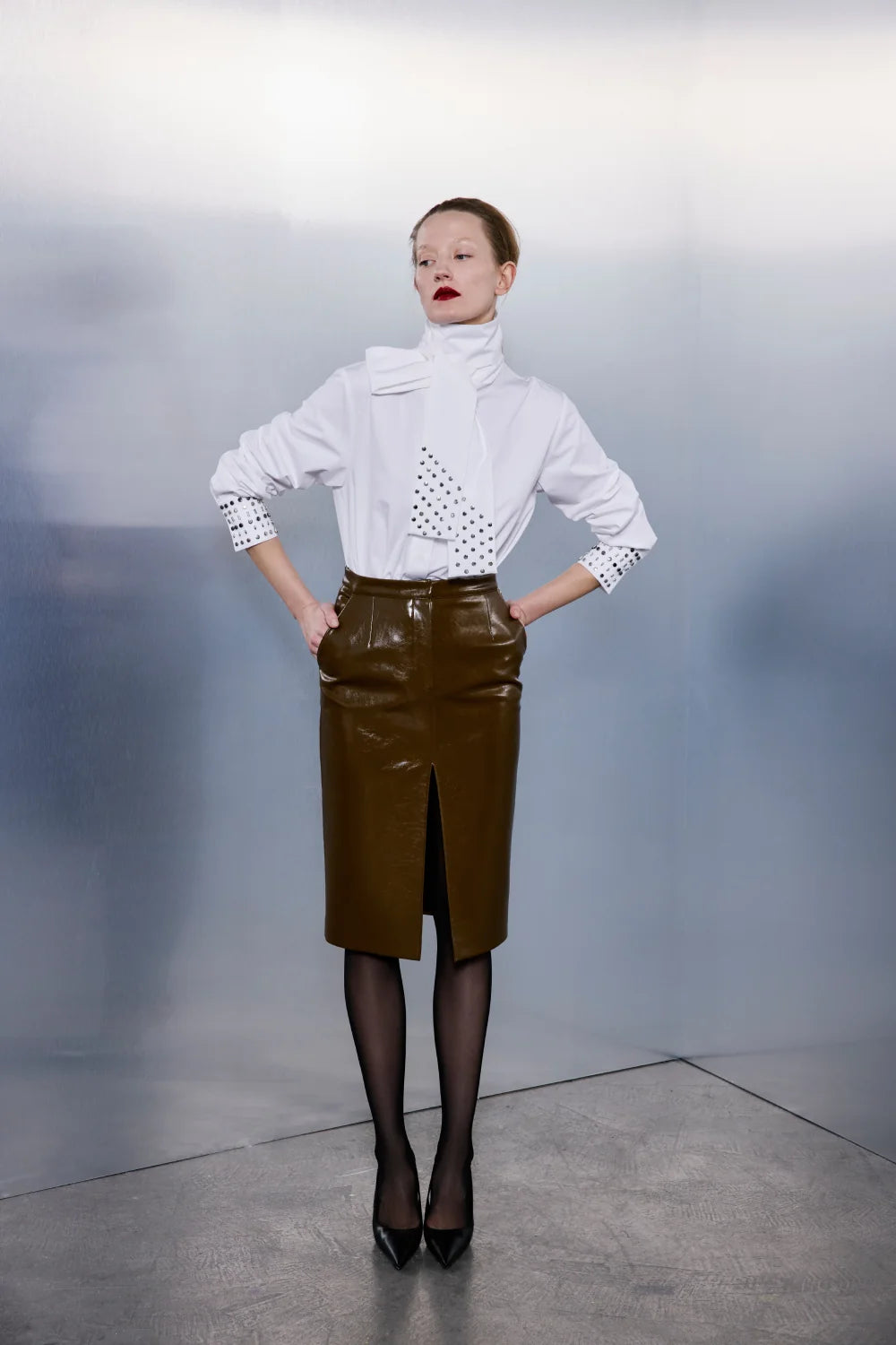 Charlotte Front-Slit Vegan Leather Midi Skirt in Khaki