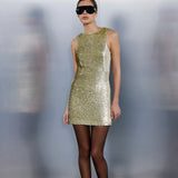 Cassia Open-Back Sequin Mini Dress in Green Sequin