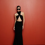 Valora High-Neck Ruched Maxi Dress in Black