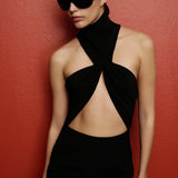 Valora High-Neck Ruched Maxi Dress in Black