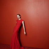 Anita Short-Sleeve Maxi Dress with Train in Red
