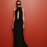 Thalia Halter-Neck Maxi Dress with Chiffon Detail in Black