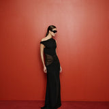 Carmen Boat-Neck Maxi Dress with Chiffon Detail in Black