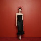 Tvin Feather-Trim Silk Organza Midi Skirt in Black