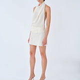 Elsa-Draped High-Neck Satin Mini Dress With Hand-Beaded Mother-Of-Pearl Belt