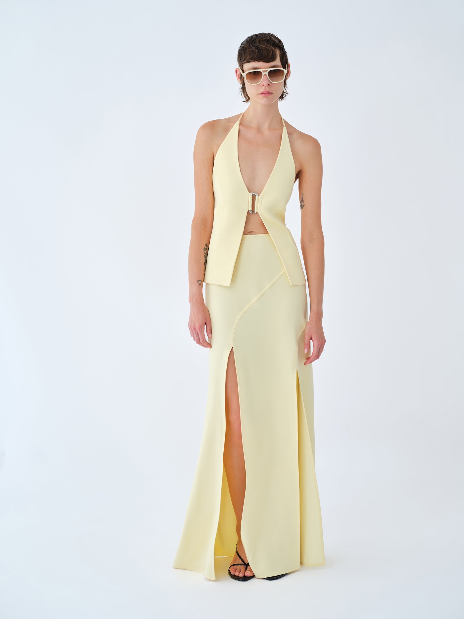 June-Open-Back Vest With Front Accessory Detail in Light Yellow
