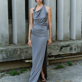 Harper-Asymmetrical Cowl-Neck Open-Back Jersey Maxi Dress in Grey