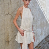 Joyce-Crinkled Open-Back Dress With Belt Buckle Detail in Champagne