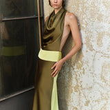 Sandra-Draped High-Neck-Color-Block Satin Maxi Dress