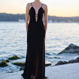 Donna-V-Neck Chiffon Maxi Dress With Metal Accessory Detail