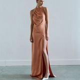 Luce - Backless Satin Dress with Front Slit in Copper
